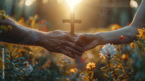 Christian proselytizing, hands of Christian man holding and passing wooden cross
