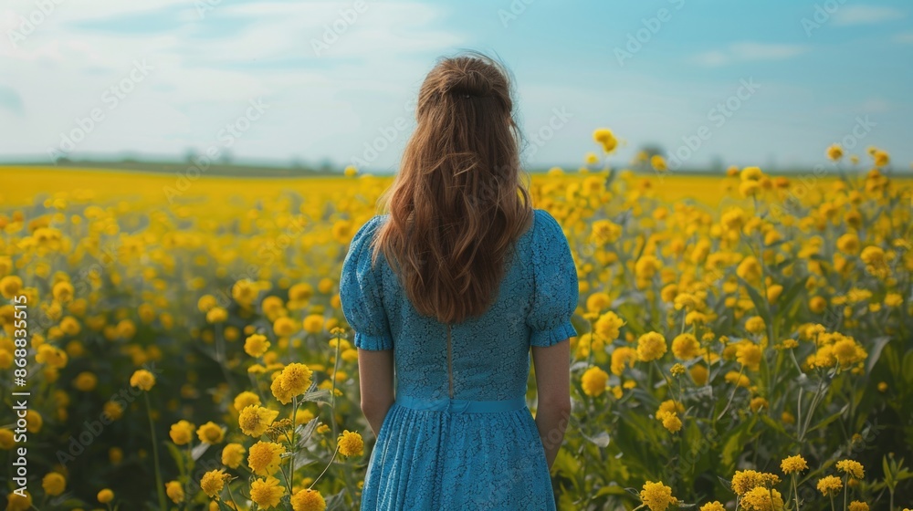 A woman stands amidst a beautiful field of bright yellow flowers A woman stands amidst a beautiful field of bright yellow flowers