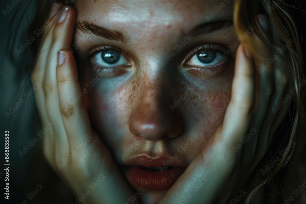 A close-up shot of a woman's face with noticeable freckles A close-up shot of a woman's face with noticeable freckles