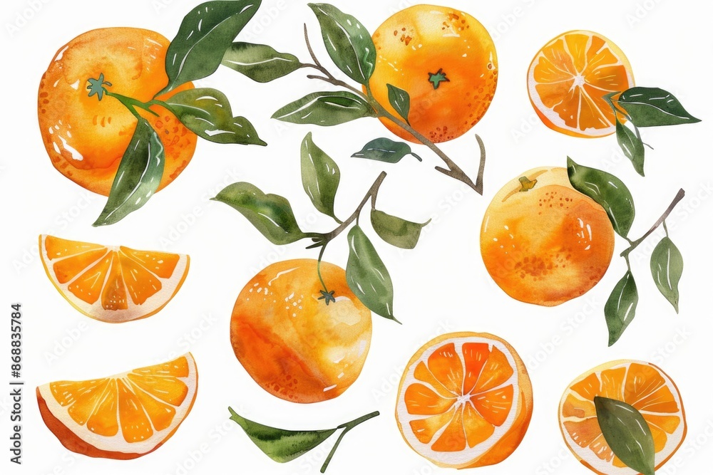 Fresh oranges with green leaves on a clean white background, suitable for food or interior design use Fresh oranges with green leaves on a clean white background, suitable for food or interior design use