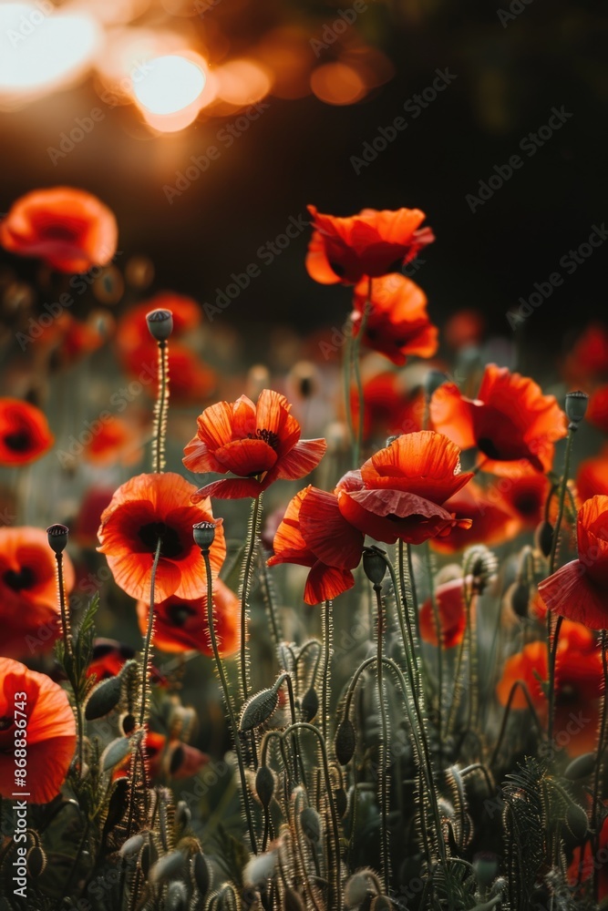 Obraz premium A picturesque scene of red poppies in a field with the sun setting in the background