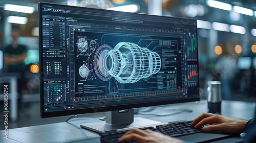Close Up of a Desktop Computer Monitor Screen with 3D CAD Software 