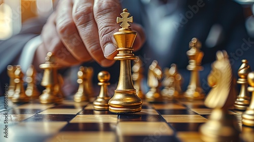 Close up of businessman hand moving gold Chess King figure and Checkmate opponent during chessboard competition. 
