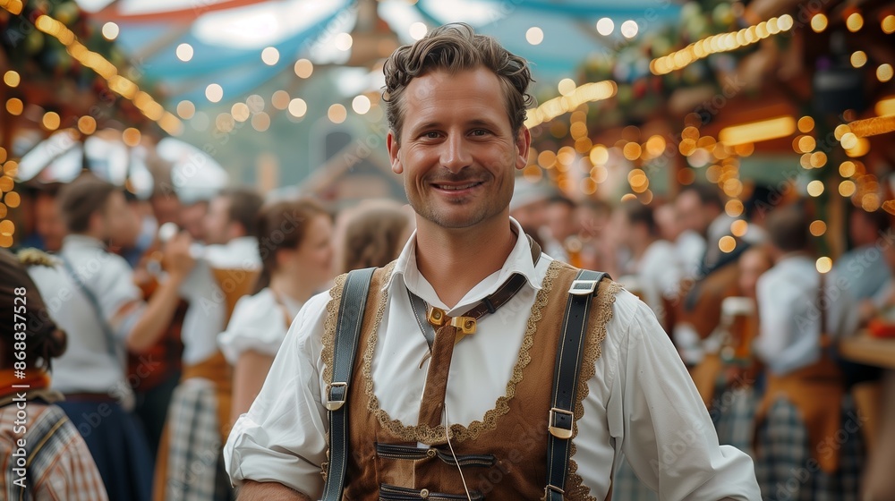 Bavarian man in lederhosen enjoying Oktoberfest's vibrant dancing, festive music, and joyful revelry. Bavarian man in lederhosen enjoying Oktoberfest's vibrant dancing, festive music, and joyful revelry.