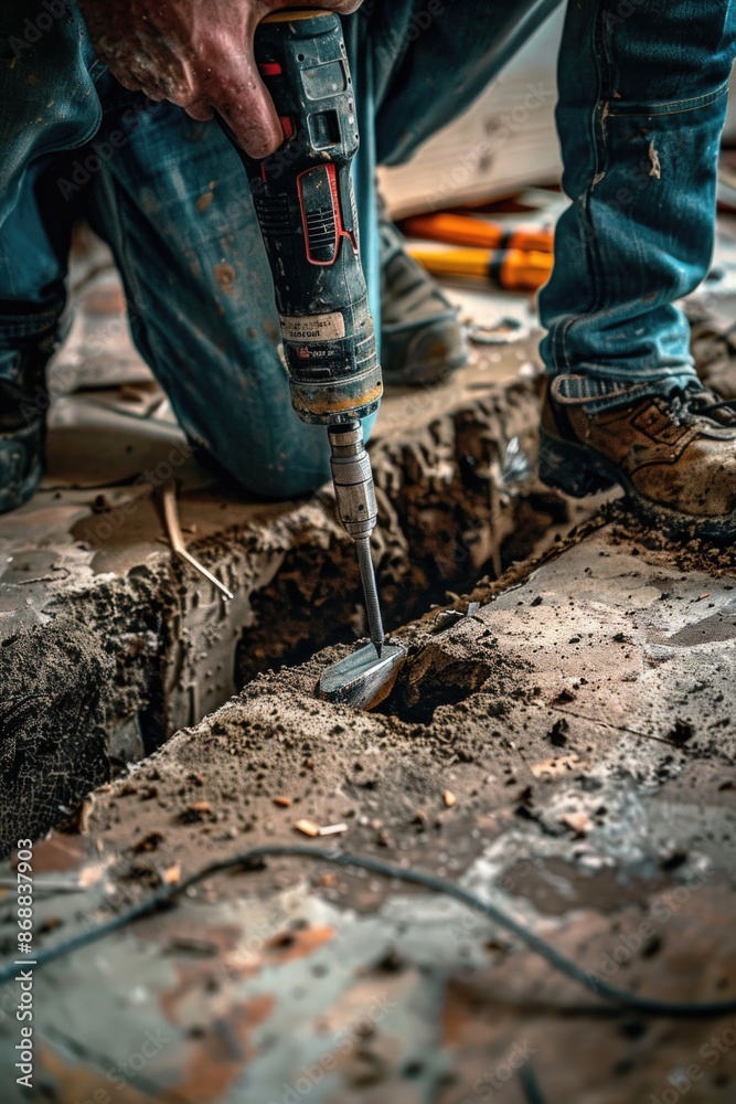 A person drilling into the ground to repair a hole, suitable for scenes where someone is doing manual work or repairing something A person drilling into the ground to repair a hole, suitable for scenes where someone is doing manual work or repairing something