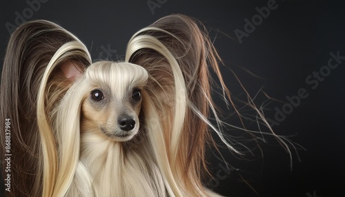 portrait of a silken windsprite dog on a black background photo