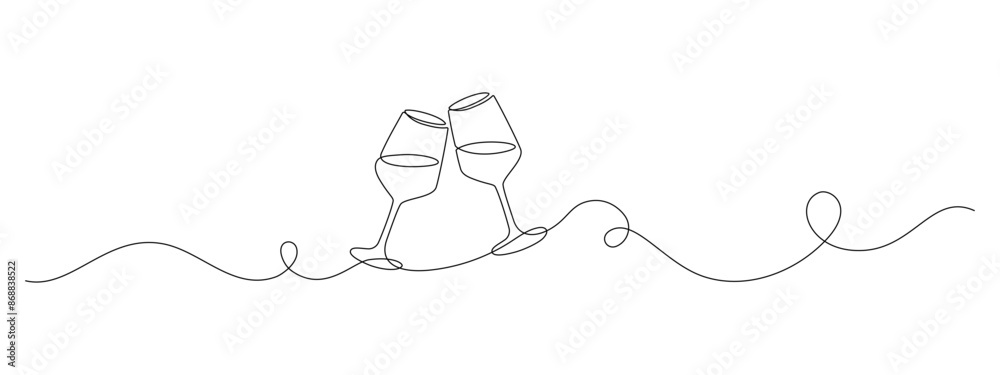 Two glasses of red wine in Continuous one line drawing. Champagne toast and cheers in simple linear style. Alcohol and cocktail drink menu in editable stroke. Doodle monoline vector illustration Two glasses of red wine in Continuous one line drawing. Champagne toast and cheers in simple linear style. Alcohol and cocktail drink menu in editable stroke. Doodle monoline vector illustration