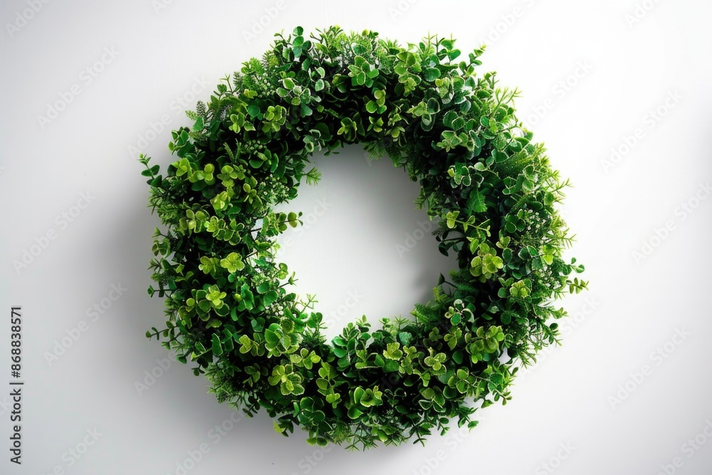 A decorative wreath made of green leaves adorns a clean white wall A decorative wreath made of green leaves adorns a clean white wall