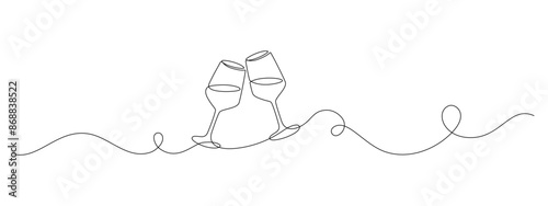 Two glasses of red wine in Continuous one line drawing. Champagne toast and cheers in simple linear style. Alcohol and cocktail drink menu in editable stroke. Doodle monoline vector illustration