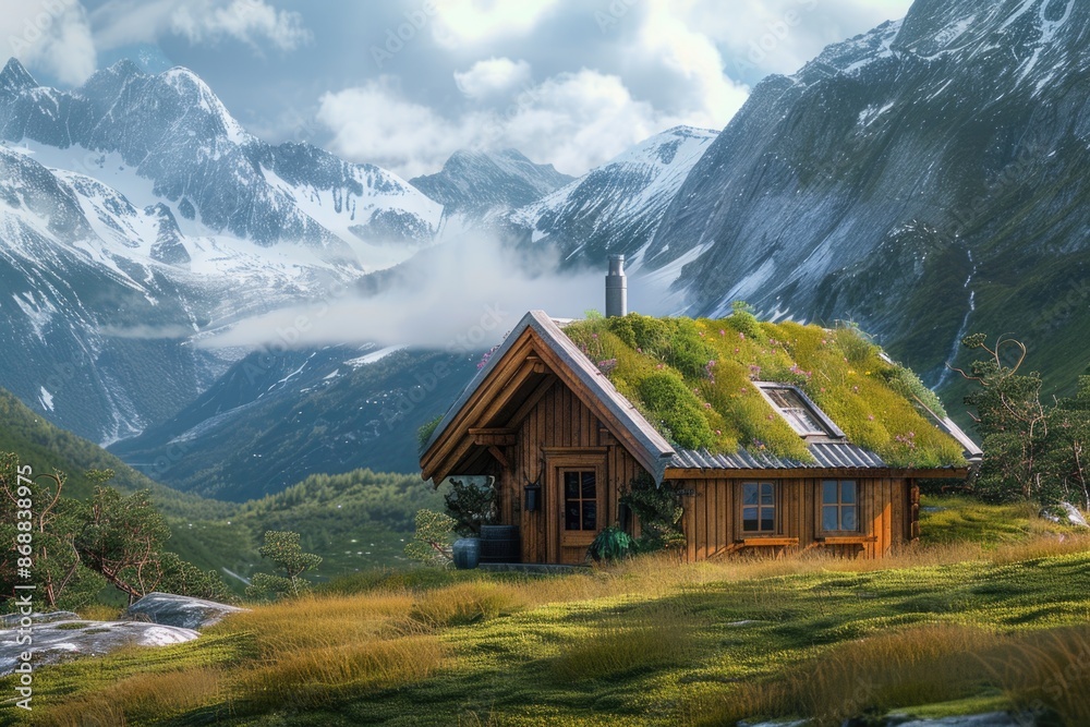 A small cabin with a green roof nestled in the mountains A small cabin with a green roof nestled in the mountains