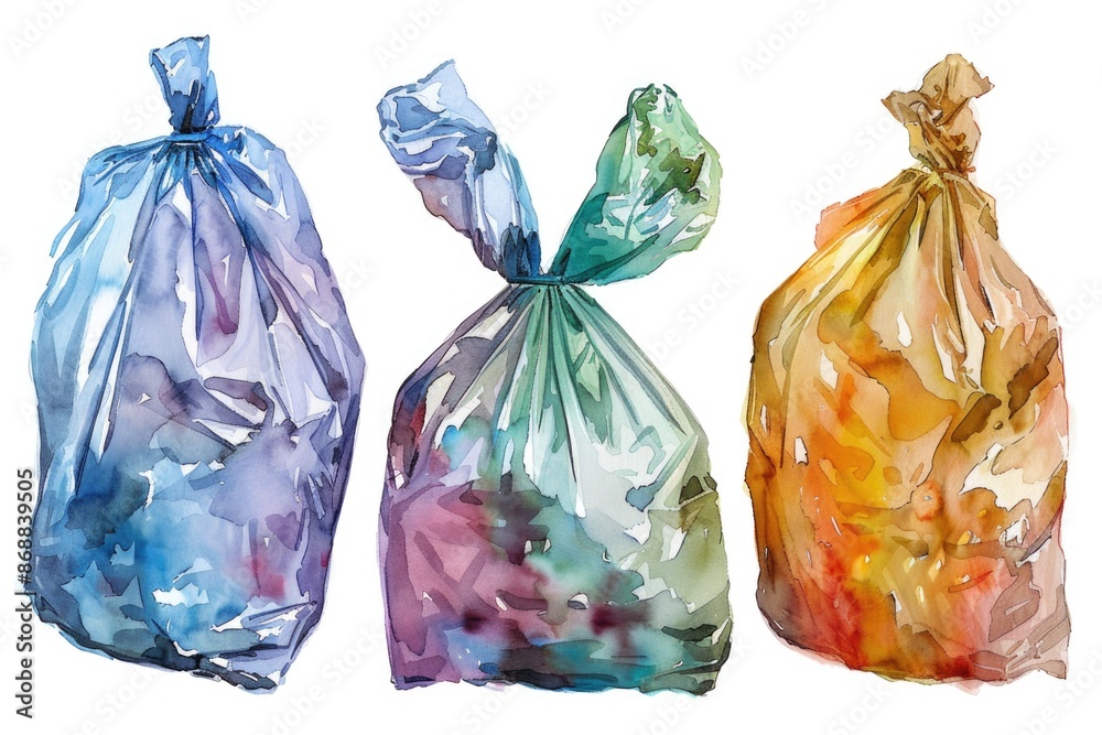 Three stacked bags of food, possibly groceries or supplies Three stacked bags of food, possibly groceries or supplies