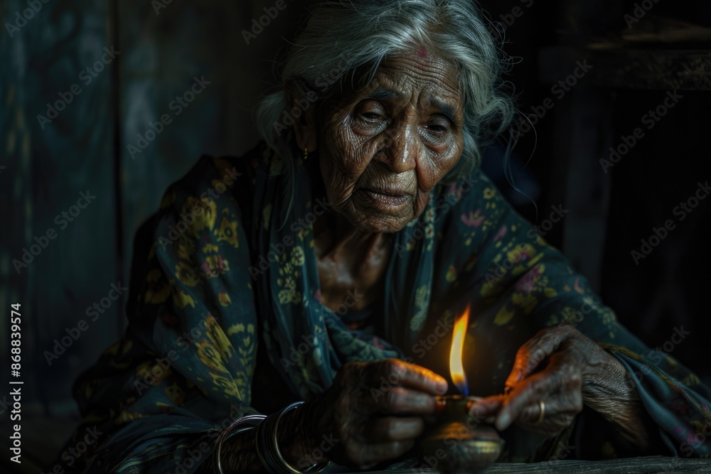 Fototapeta premium A senior woman holds a lit candle in her hands, possibly for warmth or lighting