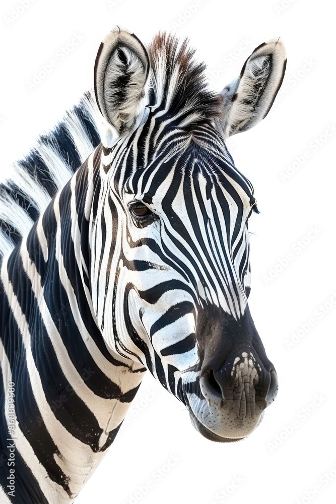 A close-up image of a zebra's face on a white background, great for use in animal-themed designs or educational materials