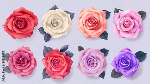 Collection set of red pink cream lavender violet stalk of rose roses flower floral top view on transparent background cutout, 