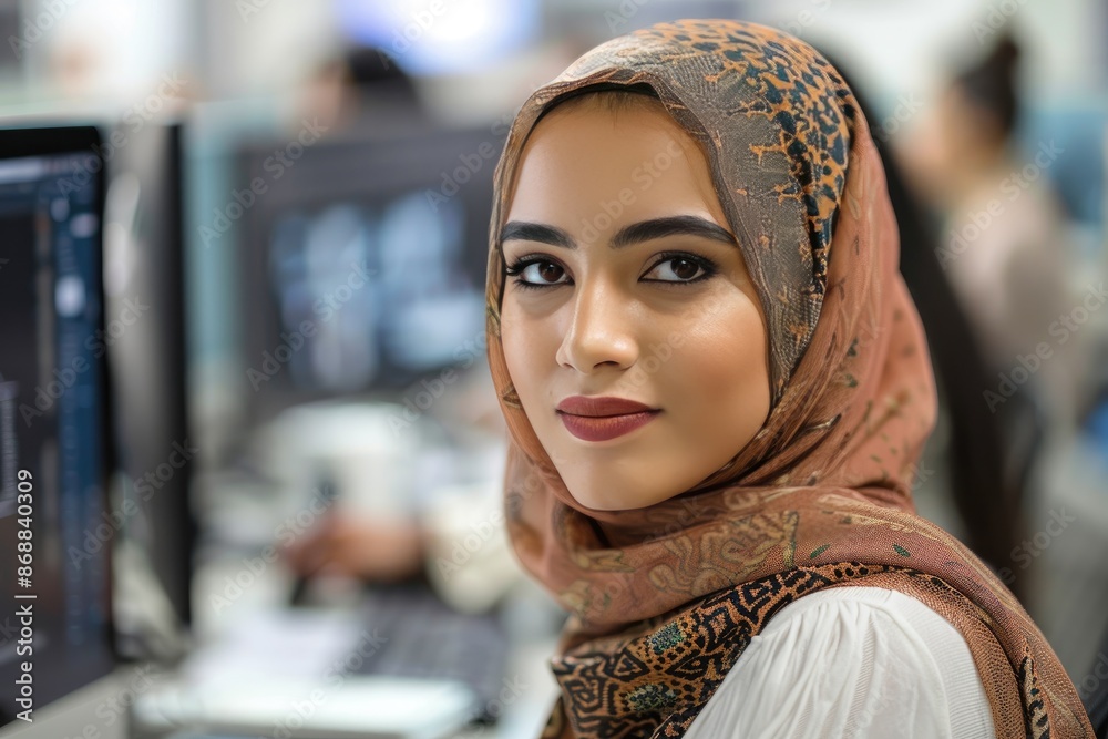 A woman wearing a brown scarf and a red lipstick is sitting in front of a computer. She looks confident and professional A woman wearing a brown scarf and a red lipstick is sitting in front of a computer. She looks confident and professional