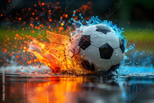 Un balon de fútbol soccer blanco y negro salpicando agua de colores por todas partes con pintura naranja y azul. Deportes photo