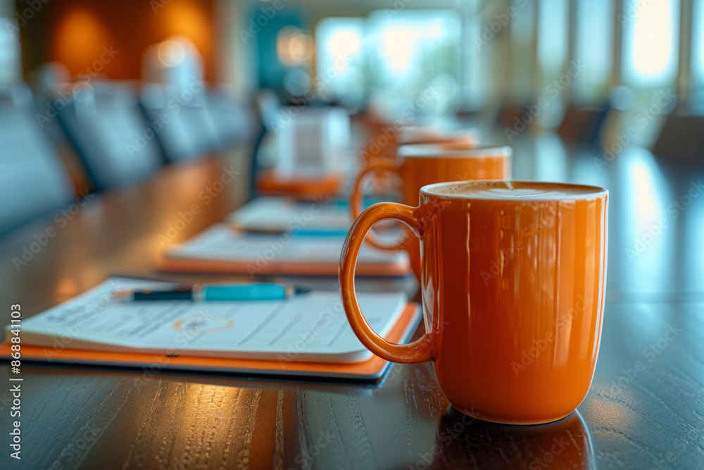 Orange coffee mugs and notepads on table in conference room, with blurred background, lifestyle photograph. Orange coffee mugs and notepads on table in conference room, with blurred background, lifestyle photograph.