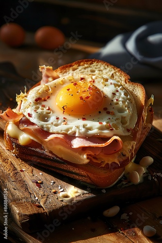 Croque Madame a French sandwich made with ham photo