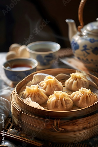 Dim sum steamed dumplings nestled in bamboo baskets