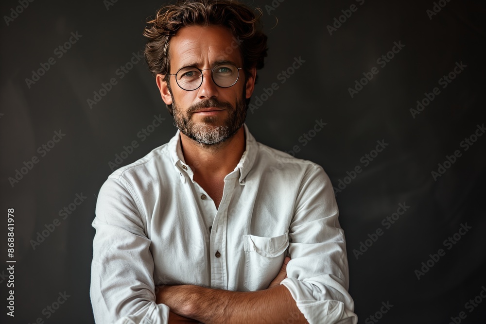 Obraz premium Man With Beard and Glasses Posing With Crossed Arms Against a Dark Background
