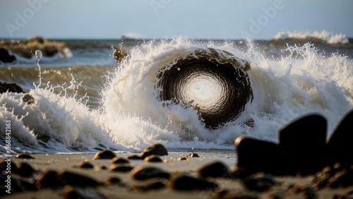arafed tire in the ocean waves on a beach