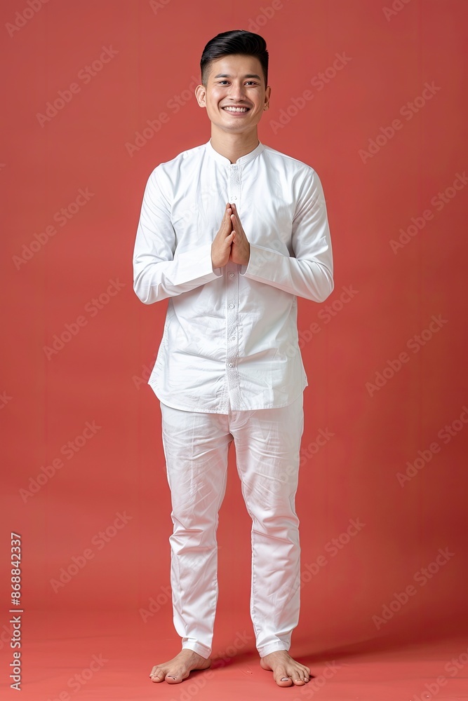 Asian Muslim man wearing white clothes smiling to give greeting during Ramadan and Eid Al Fitr celebration standing over one color background - generative ai Asian Muslim man wearing white clothes smiling to give greeting during Ramadan and Eid Al Fitr celebration standing over one color background - generative ai