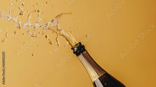 A champagne bottle with popped cork and liquid exploding out photo