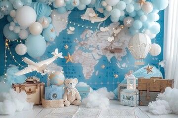 A blue and white room with a map on the wall and a teddy bear on the floor