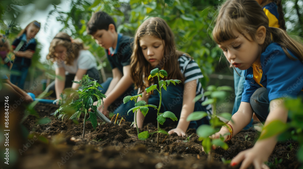 A group of children planting trees in the school garden, representing environmental education and community collaboration for Earth Day A group of children planting trees in the school garden, representing environmental education and community collaboration for Earth Day