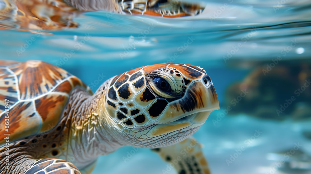 Fototapeta premium A close-up shot of the face and shell details on an adorable sea turtle, showcasing its vibrant colors under clear blue water, with a focus on its eyes.