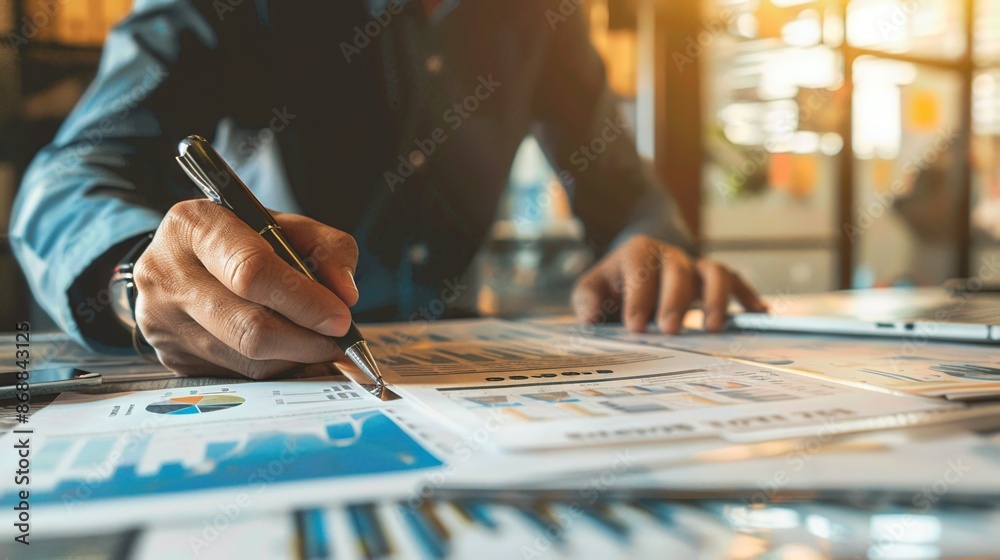 Person analyzing charts and graphs at a desk, reviewing financial data with a pen in hand in a bright office environment. Person analyzing charts and graphs at a desk, reviewing financial data with a pen in hand in a bright office environment.