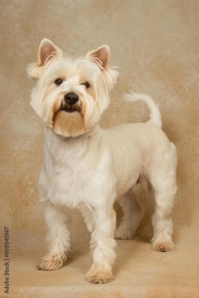 Close-up of a Westie dog with expressive eyes on beige background. Close-up of a Westie dog with expressive eyes on beige background.