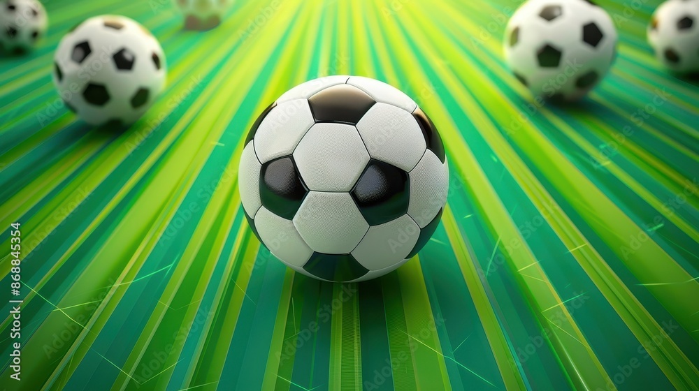 A central soccer ball surrounded by several other soccer balls on a dynamic, bright green backdrop, creating a sense of abundance and playful energy. A central soccer ball surrounded by several other soccer balls on a dynamic, bright green backdrop, creating a sense of abundance and playful energy.