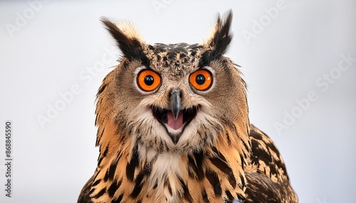 portrait of an eagle owl with open mouth seen from the front on a white background © Sawyer