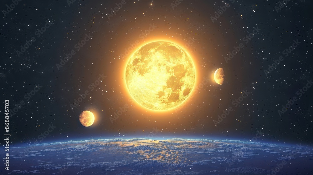 A beautiful cosmic scene featuring a luminous, golden sun with twin moons, lighting up the sky above Earth, reflecting the celestial harmony and artistry of space. A beautiful cosmic scene featuring a luminous, golden sun with twin moons, lighting up the sky above Earth, reflecting the celestial harmony and artistry of space.