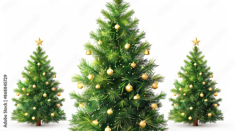 A group of three beautifully decorated Christmas trees with golden ornaments and stars on top, standing together on a plain white background, perfect for holiday decoration. A group of three beautifully decorated Christmas trees with golden ornaments and stars on top, standing together on a plain white background, perfect for holiday decoration.