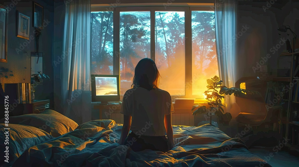 A woman is sitting on a bed in a room with a window A woman is sitting on a bed in a room with a window