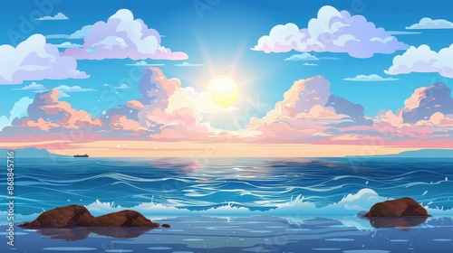 A beautiful sunset over a calm ocean, with gentle waves lapping against rocks in the foreground and a ship visible on the horizon under a vibrant sky.