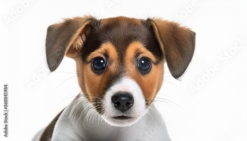 portrait of an curious jack russell terrier puppy closeup isolated on a white background