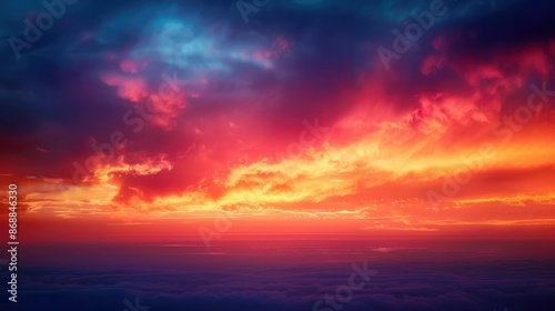 A mesmerizing display of fiery red, orange, and purple hues painting the evening sky, casting a warm glow over an unseen horizon at twilight.