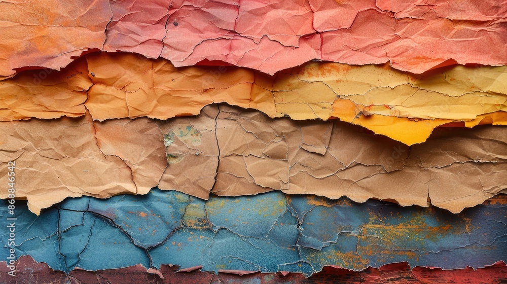 Fototapeta premium A colorful wall made of torn paper. The wall is made of different colored paper, with some pieces of paper being torn and others being cut. The wall has a unique and artistic appearance