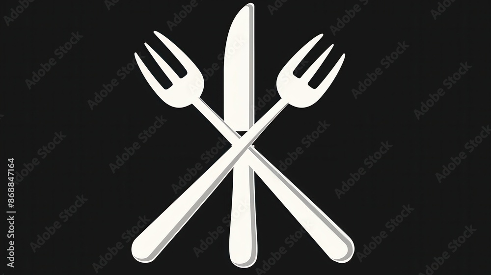 A white fork and knife crossed against a black background, creating a strong visual contrast and symbolizing dining themes. Clean lines and modern style.