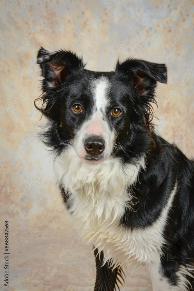 Fototapeta premium Close-up of a Border Collie dog with expressive eyes on beige background.