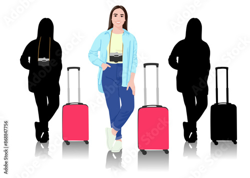 Young woman tourist with camera. Girl in casual clothes with a suitcase. Female traveler goes on a journey. Vector illustration isolated on white	