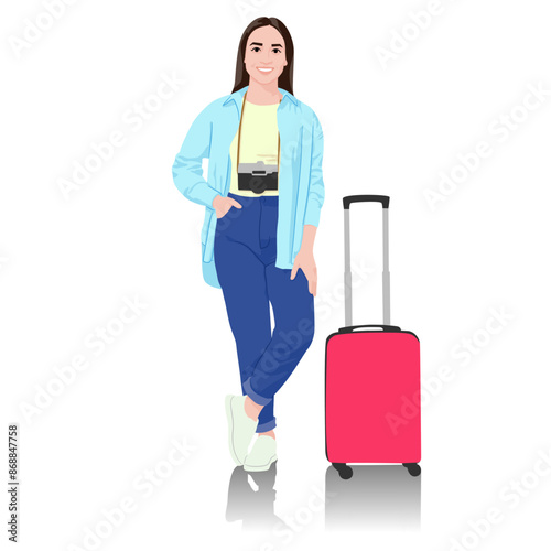 Young woman tourist with camera. Girl in casual clothes with a suitcase. Female traveler goes on a journey. Vector illustration isolated on white	