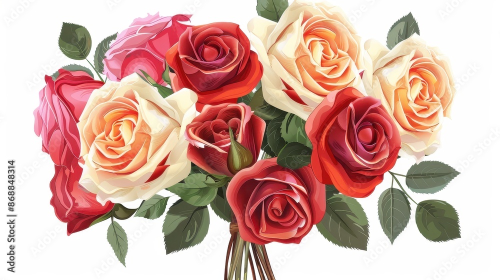 A gorgeous assortment of roses featuring red, pink, and cream colors, adorned with green leaves, representing the natural beauty and elegance of floral arrangements. A gorgeous assortment of roses featuring red, pink, and cream colors, adorned with green leaves, representing the natural beauty and elegance of floral arrangements.