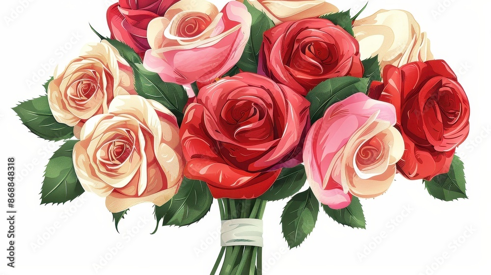 A stunning bouquet of roses in various colors including red, pink, and cream, beautifully arranged with green leaves, highlighting the elegance and charm of floral art.