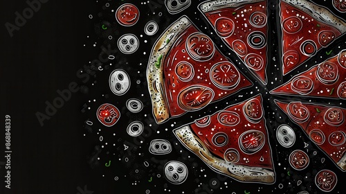 Artistic image showcasing pizza slices with vibrant toppings on a dark background, combining elements of culinary delight and artistic flair, making for a delicious visual treat. photo