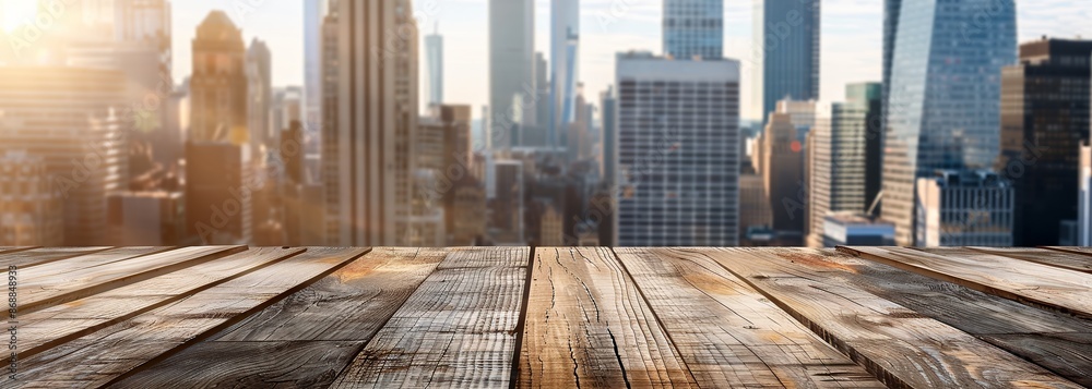 City skyline background. Skyscraper tops. Observation deck. Wooden table top City skyline background. Skyscraper tops. Observation deck. Wooden table top