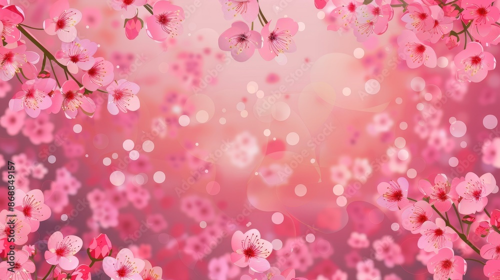 This image portrays vibrant pink cherry blossoms surrounded by a soft bokeh effect, creating a dreamy and romantic atmosphere filled with small floating petals and light. This image portrays vibrant pink cherry blossoms surrounded by a soft bokeh effect, creating a dreamy and romantic atmosphere filled with small floating petals and light.